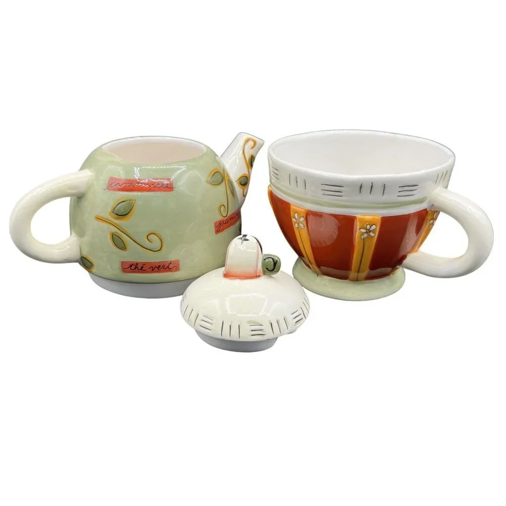 Collectible Tea For One Set Teapot Teacup Stackable Joie de Vivre pattern by MSC